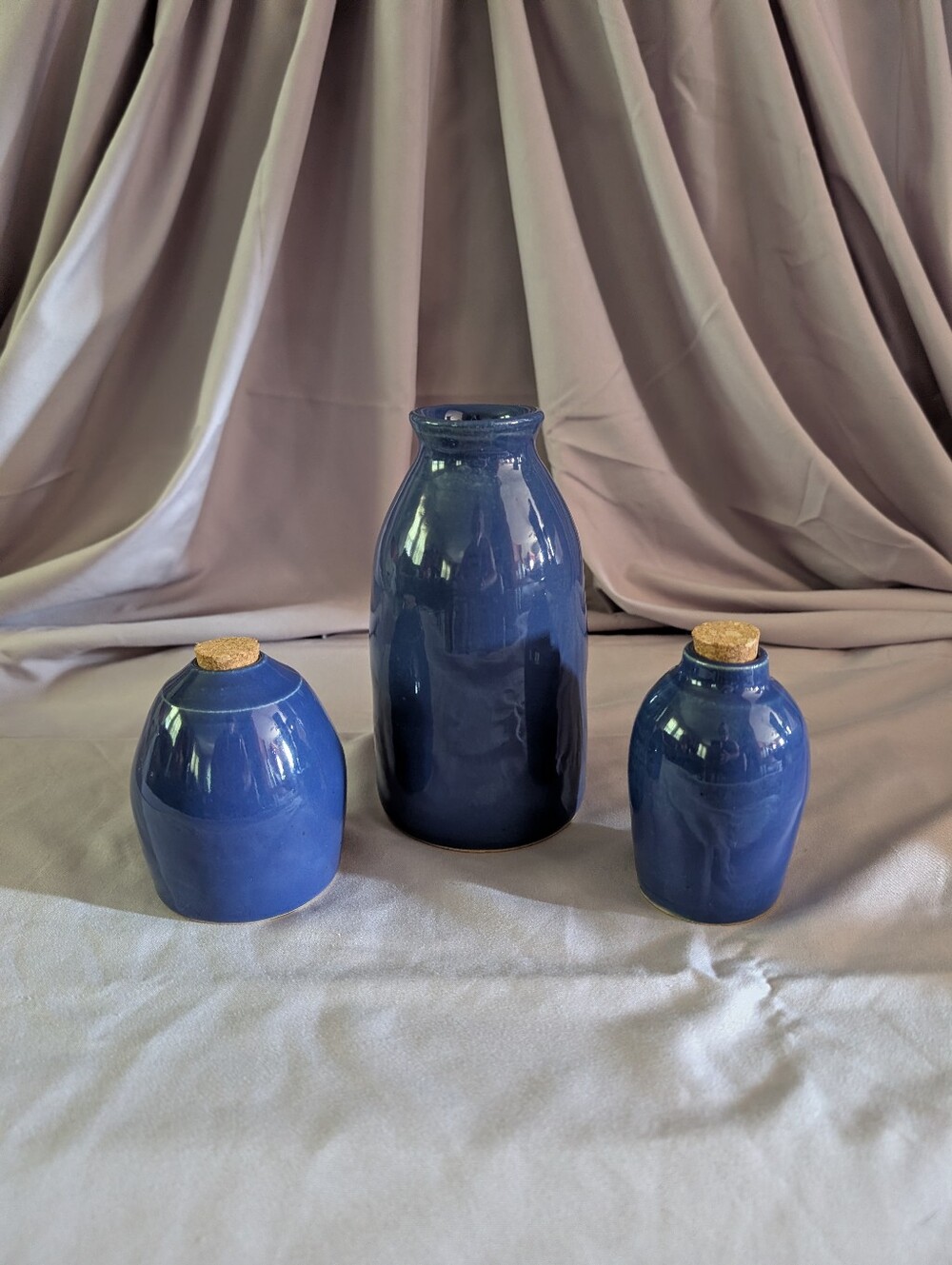 Vintage Studio Art Pottery Bottle Vase & Corked Jars Set Purple/Blue